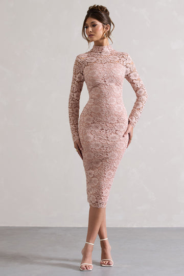 Rumour Blush Pink Lace High-Neck Midi Dress